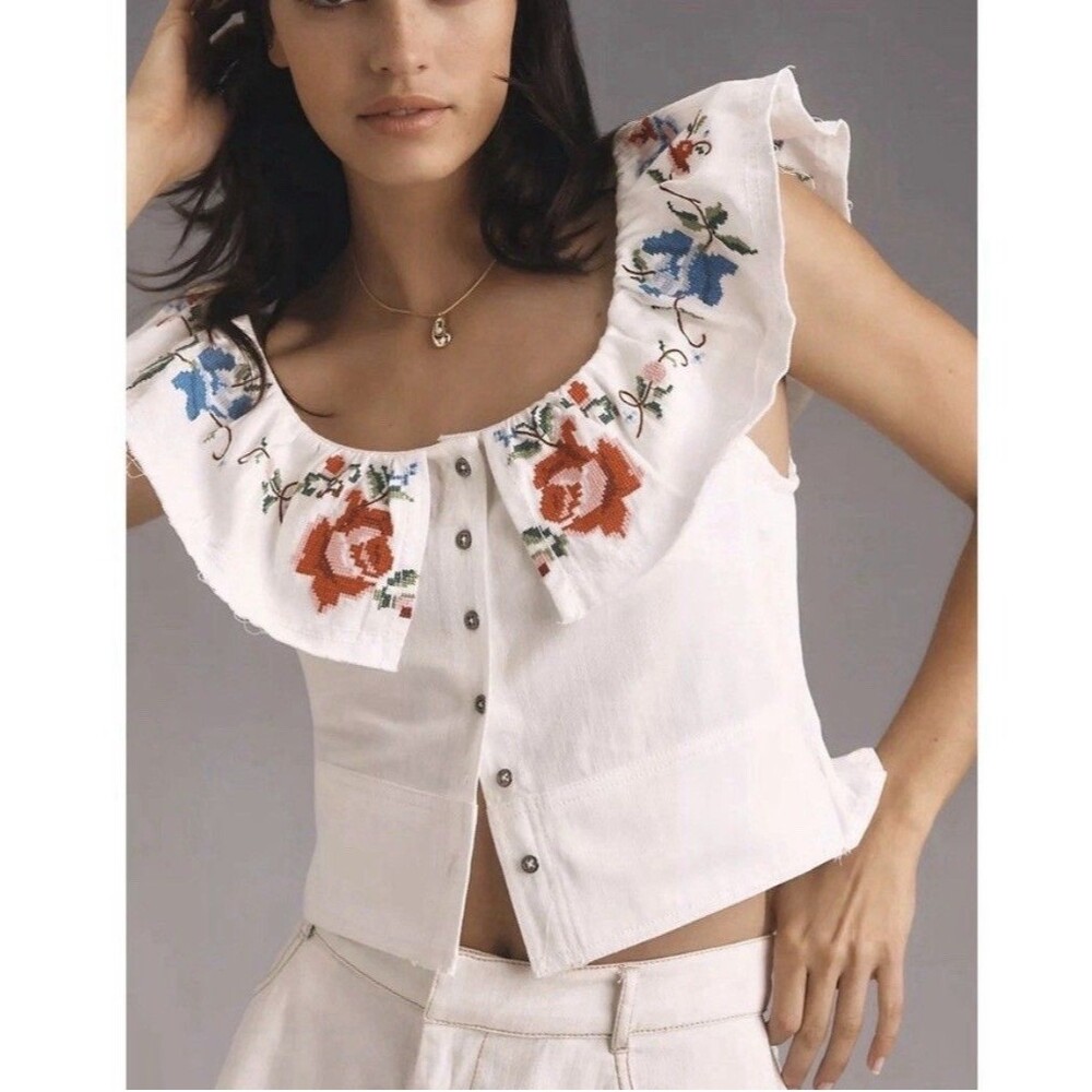 Anthropologie Pilcro Women's Embellished Ruffle Collar Top Size XS 100% Cotton